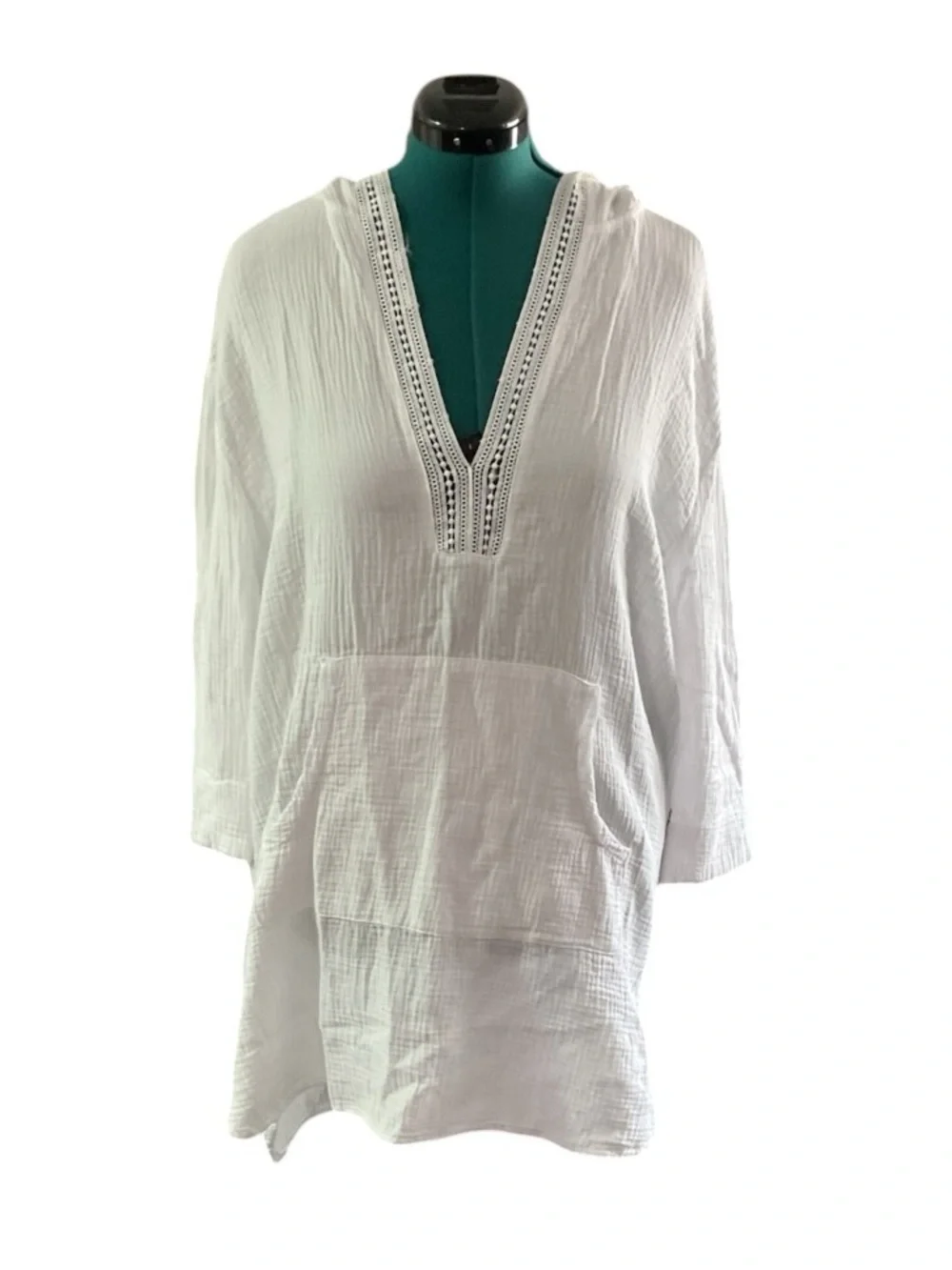 White V-Neck Crochet-Trim Beach Coverup Tunic